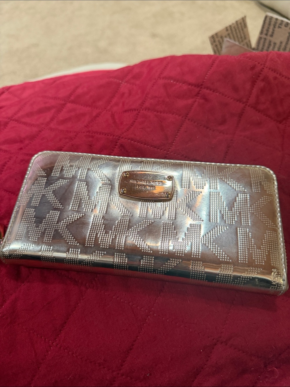 Michael Kors Metallic Silver MK Continental Zip Wallet